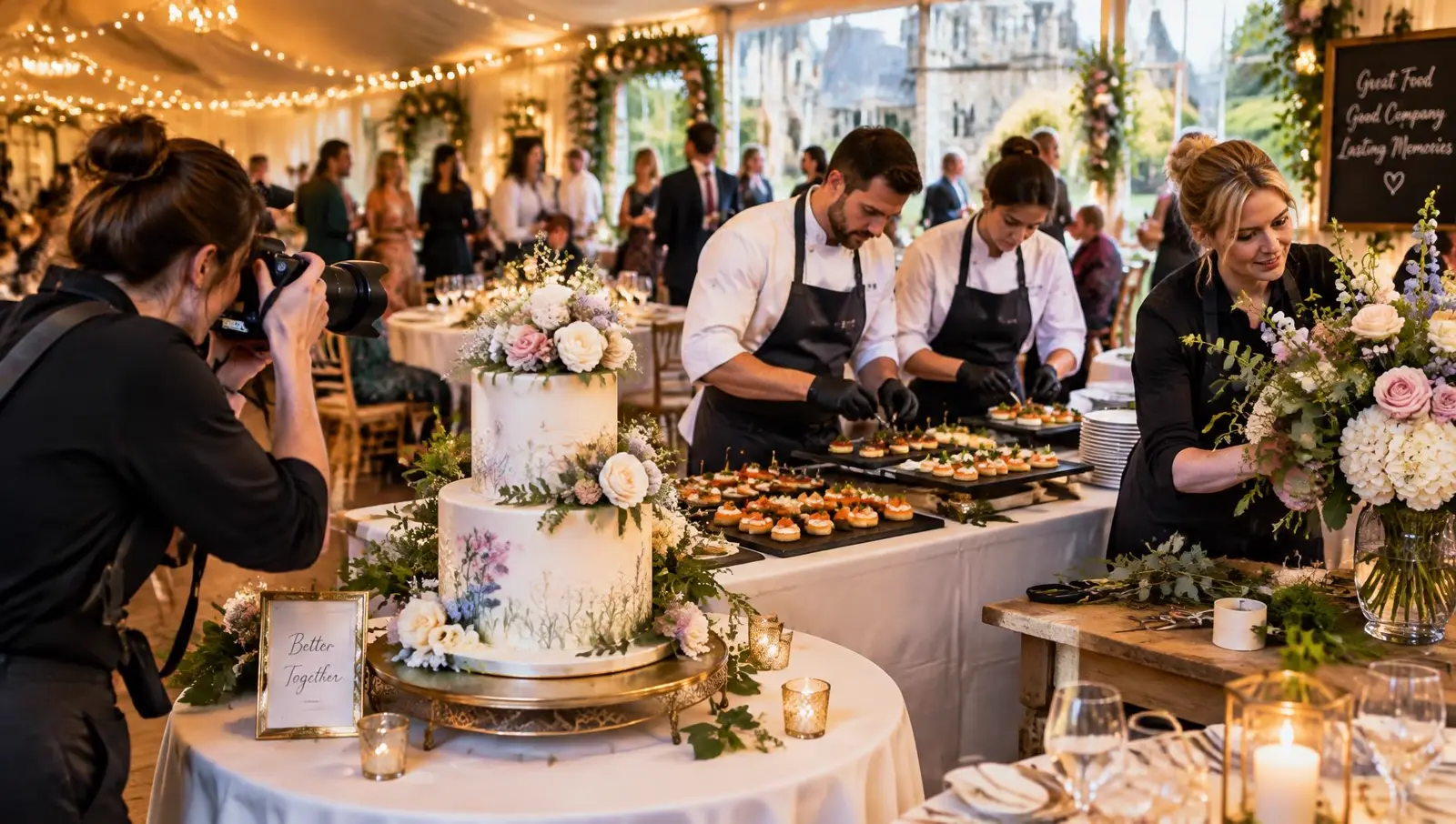 A photographer, caterers and a florist preparing an elegant event with a decorated cake